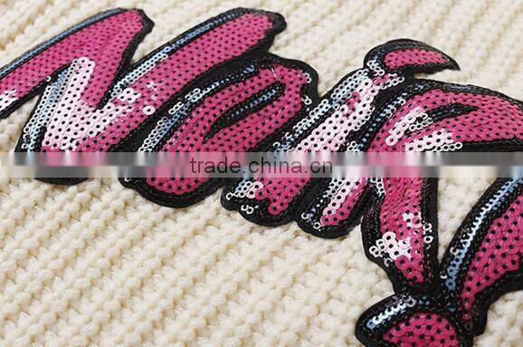 M1209 Runwaylover 2016 latest design fashion ladies v-neck sequin cartoon figure letter pattern sweater