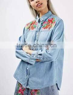 Runwaylover EY2349B Europe Style 2017 Ladies Embroidery Washed Denim Blouse