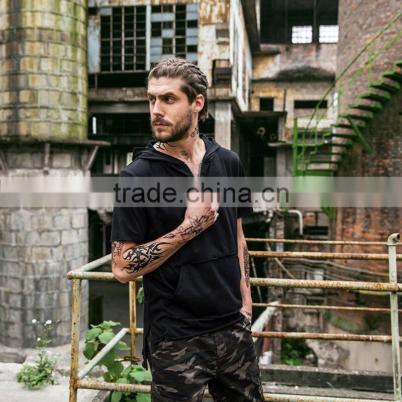 Men Black zipper o ring Hip hop t shirt with hood