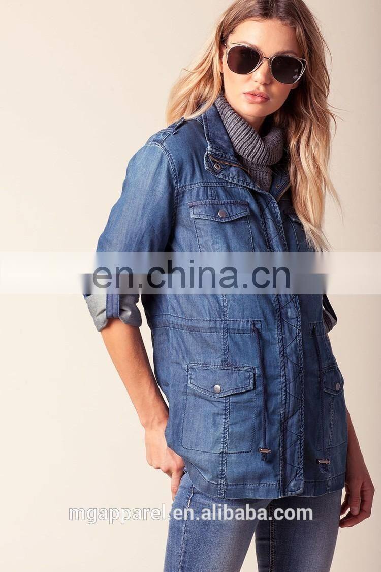 Custom jean jacket wholesale medium-wash roll sleeves woman denim jacket