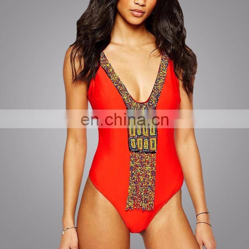 Alibaba New Summer Swimming's Wear Lady Girl Clothing Deep V-neck Swimsuit One Piece Beachwear Red Tassel Details Apparel