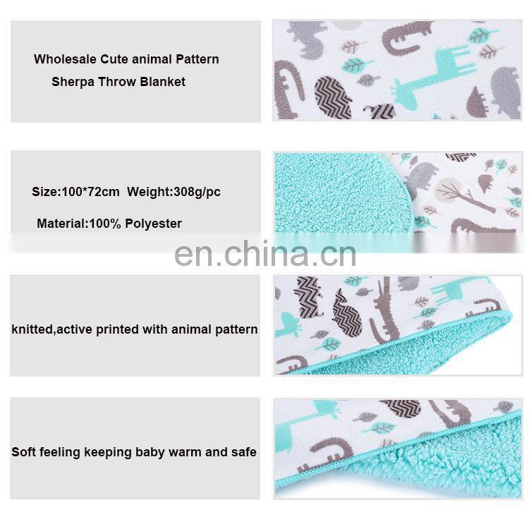 Custom Lightweight Cute Animal Printed Minky Sherpa Throw Double Sides Baby Blankets For Winter