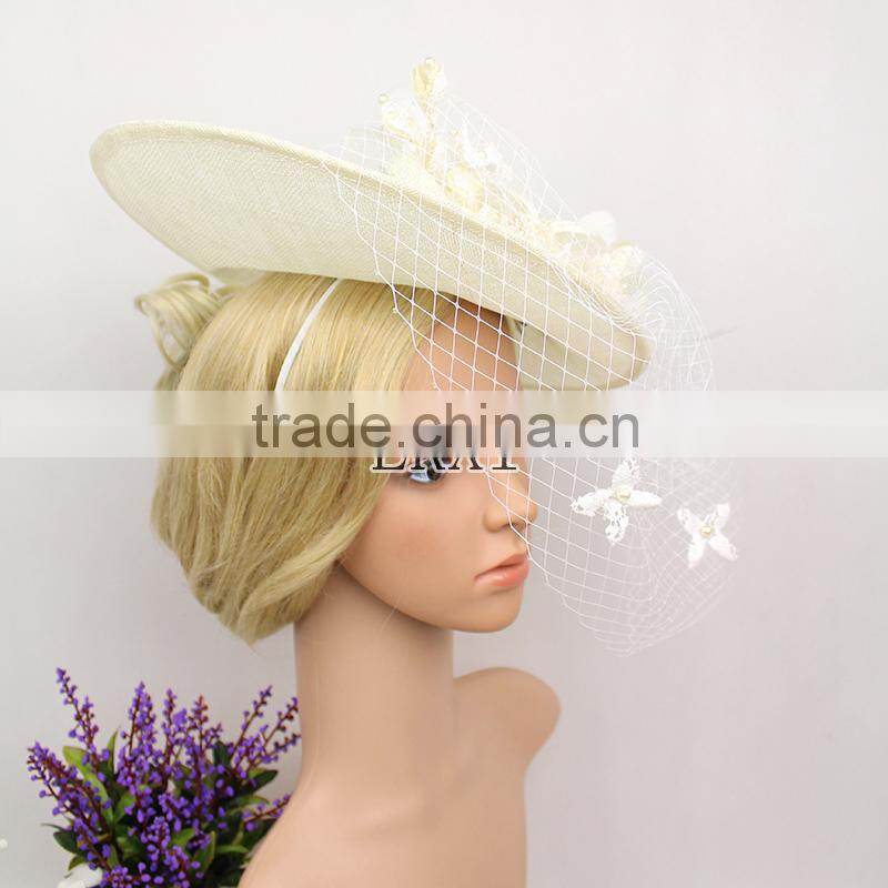 Fashionalbe Design Lace Cover Sinamay With Veil Fascinator Church Hat