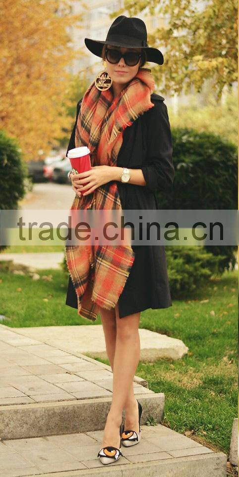 New Design Fashion Woman Orange Plaid Cashmere Square Shawl