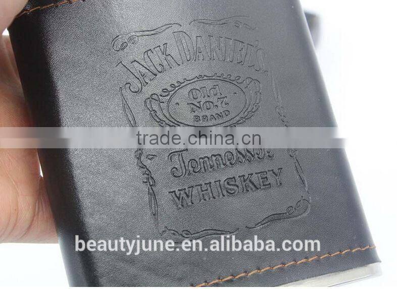 High quality 7oz black leather hip flask stainless steel Whiskey flask gifts set