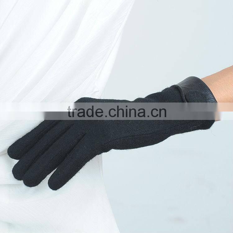 womens unlined classical button woolen gloves with leather cuff