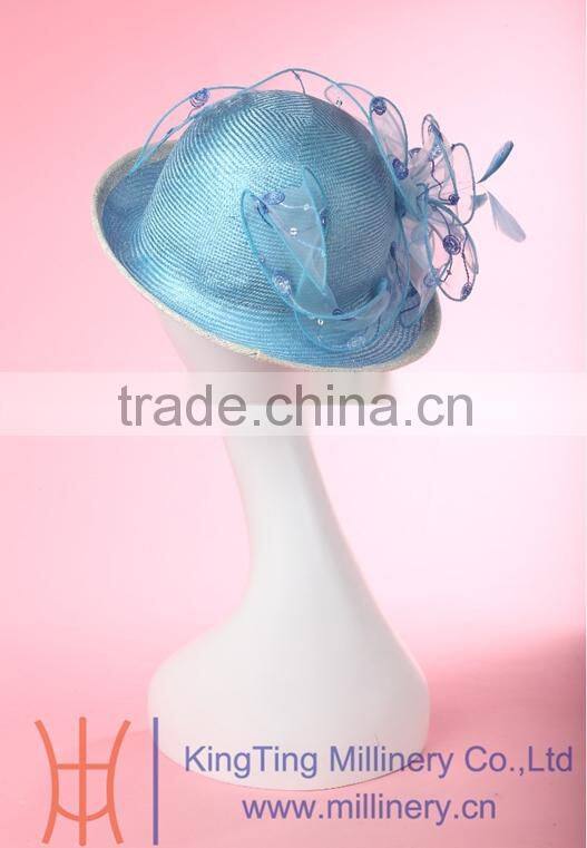 Womens Fancy Straw Hats Elegant Church Hat With Organza Flowers Trimming Onside