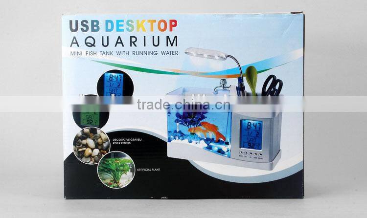 Mini fish tank USB aquarium with LED lamp clock business gift Pen Holder