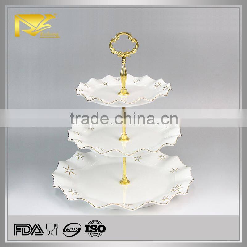 china supplier gold embossed 3 tier cake plate stand, beaded cake stand, happy birthday ceramic plate