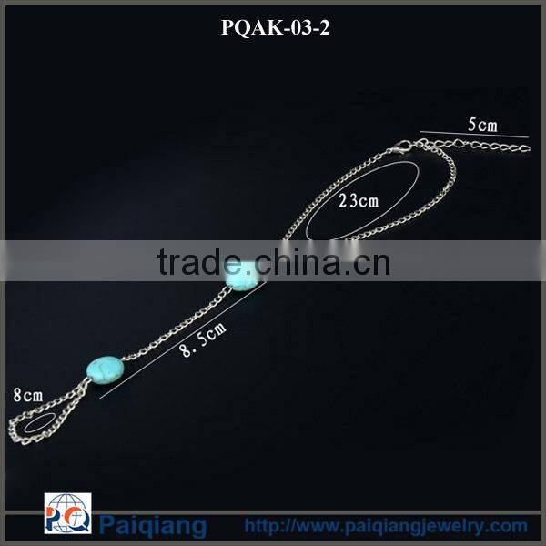 China wholesale fashion hot selling silver chains double turquoise bead anklet