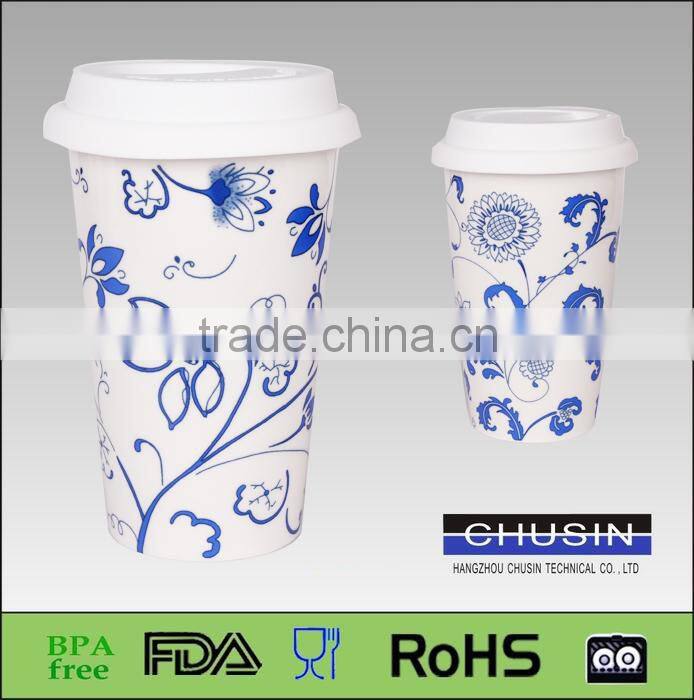 eco ceramic coffee cup with silicone sleeve and lid
