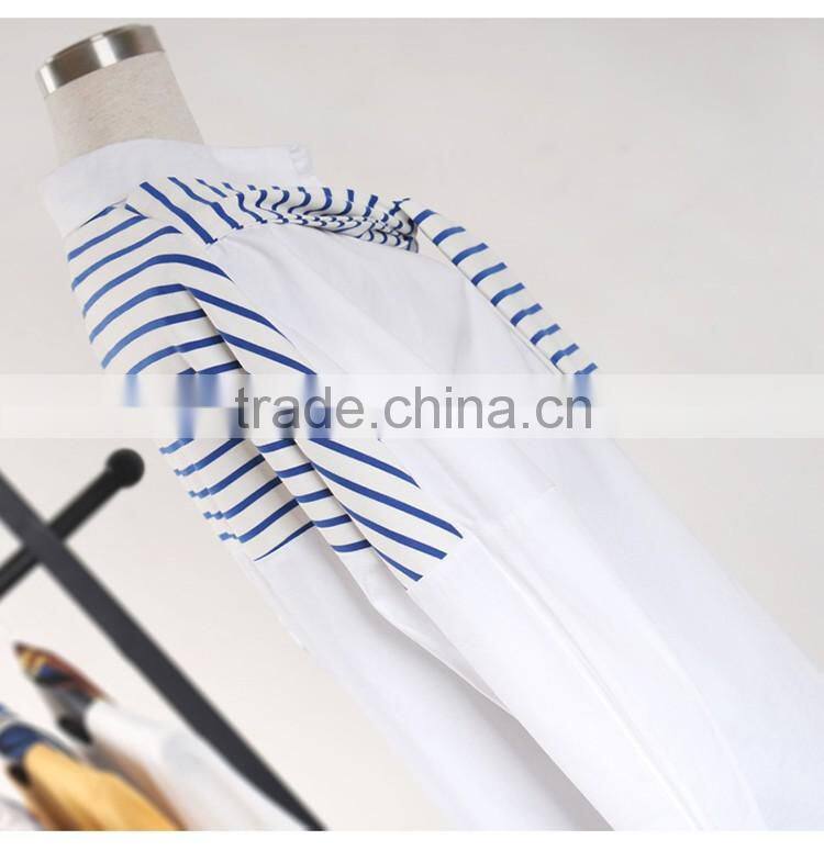 2016 Ladies New Design Fashion Top Blue White Striped Patchwork Knit Tie Neck Poplin Long Sleeve Latest Shirt Designs For Women