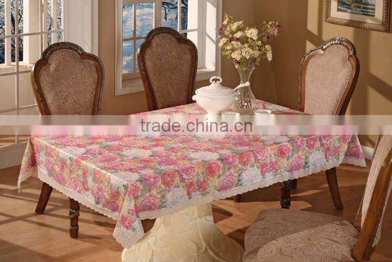 2014 newest fruits printed pattern pvc/peva vinyl tablecloth/cover with waved/lace edge