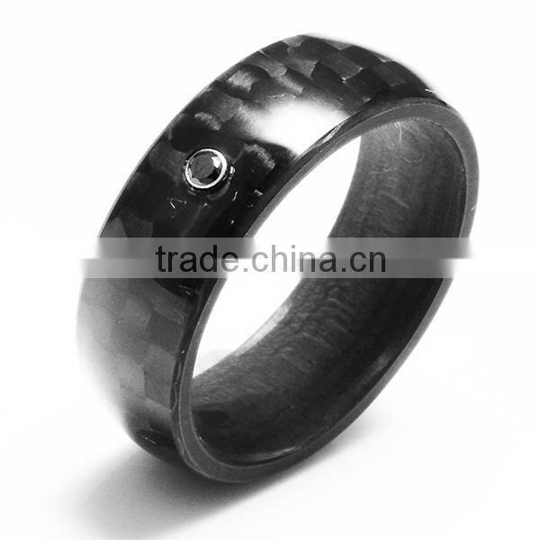2 Stripe Black Carbon Fiber Inlay Ring with 1 Clear CZ (8mm) R2607P