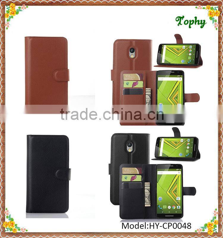 Black PU Leather + PC Litchi Pattern Wallet Card Stand Cover Holster Phone Sets Magnetic Flip Case For Motorola X Play