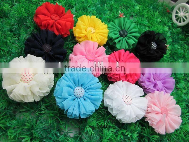 Hot Sell Children Hair Accessories 2.4"Solid Chiffon Flower with Polka Dot Button for Kids Hair Accessories IN STOCK