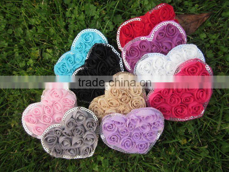 Rosette Fabric Heart Shape Rosette Heart Chiffon Rose Flowers Chiffon Heart,mix color IN STOCK