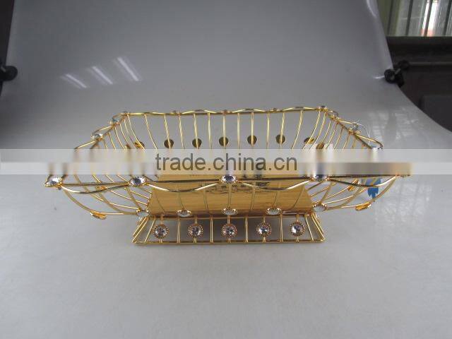 square golden iron fruit basket with wooden board