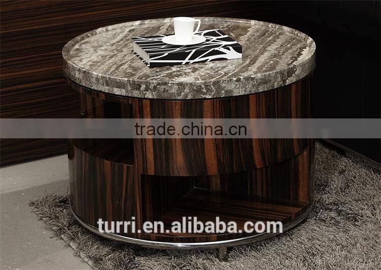 New Design ebony venner natural round marble top wooden side table