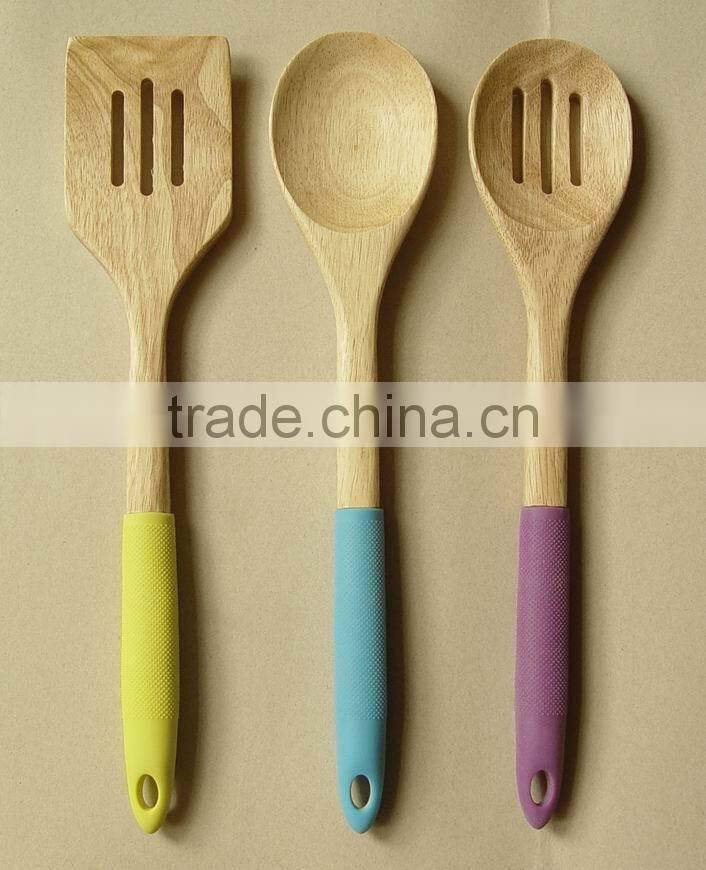 Wood Utensils 3-Pieces Set, Made of Rubber wood with Silicone sleeve Handle