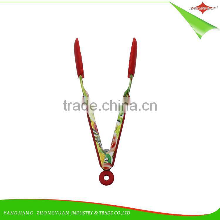 ZY-H2013 delicate design 7-inch silicone food tong with beautiful flower printed handle