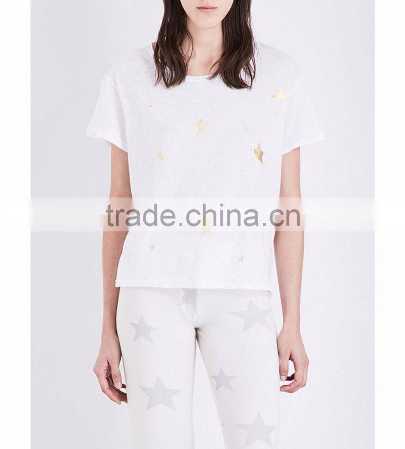Dropped Shoulders Short Sleeves Star Printed Cotton Jersey T-shirt(DQE0255T)