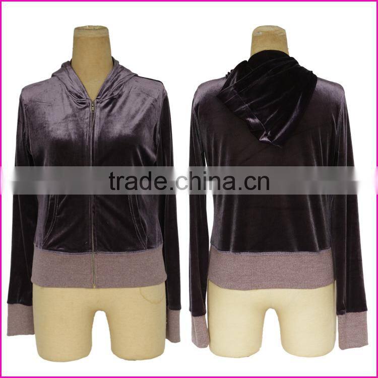 Wholesale purple color and plain high quality women velvet hoodies