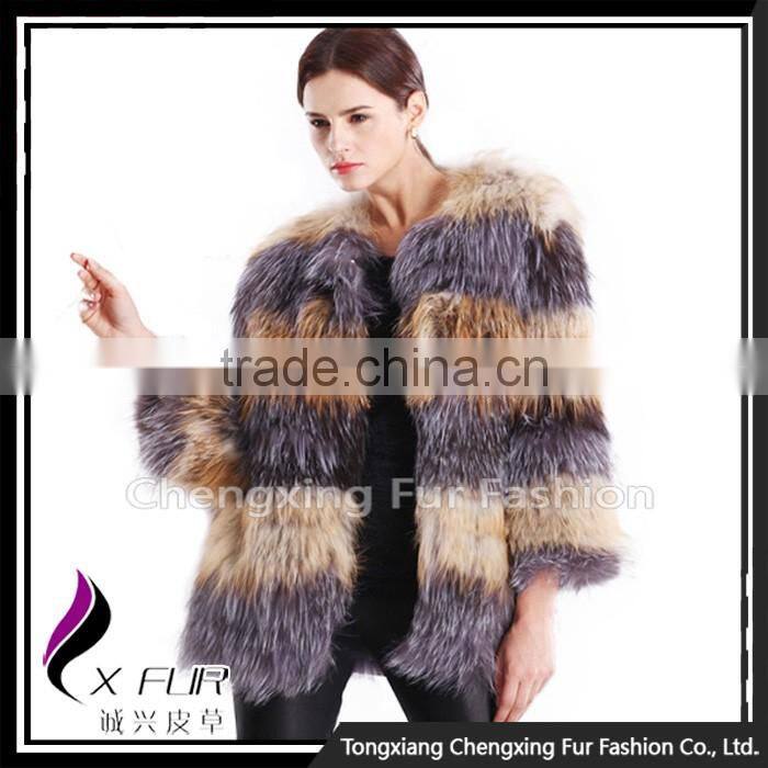 CX-G-A-233 Women Elegant Genuine Knitted Red&Silver Fox Fur Coat
