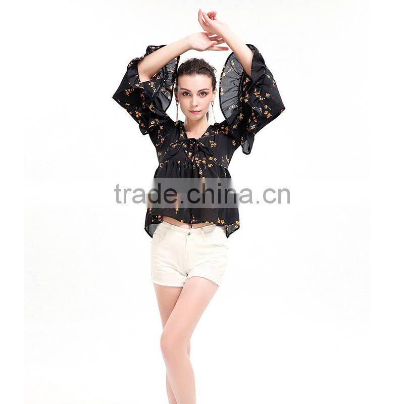 Lotus leaf sleeves design patterns back neck for fat ladies big sleeve blouse