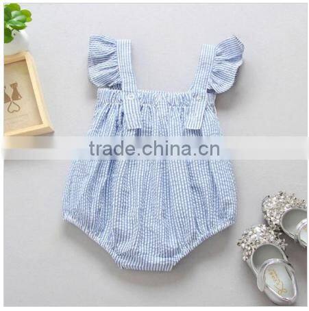 Newborn infant boutique clothes flutter sleeve seersucker stripe bubble thailand wholesale toddler clothing romper