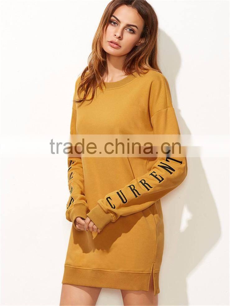 Custom Design Women Letter Embroidered Drop Shoulder Slit Sweatshirt Dress Pullover Split Sides Hoodies