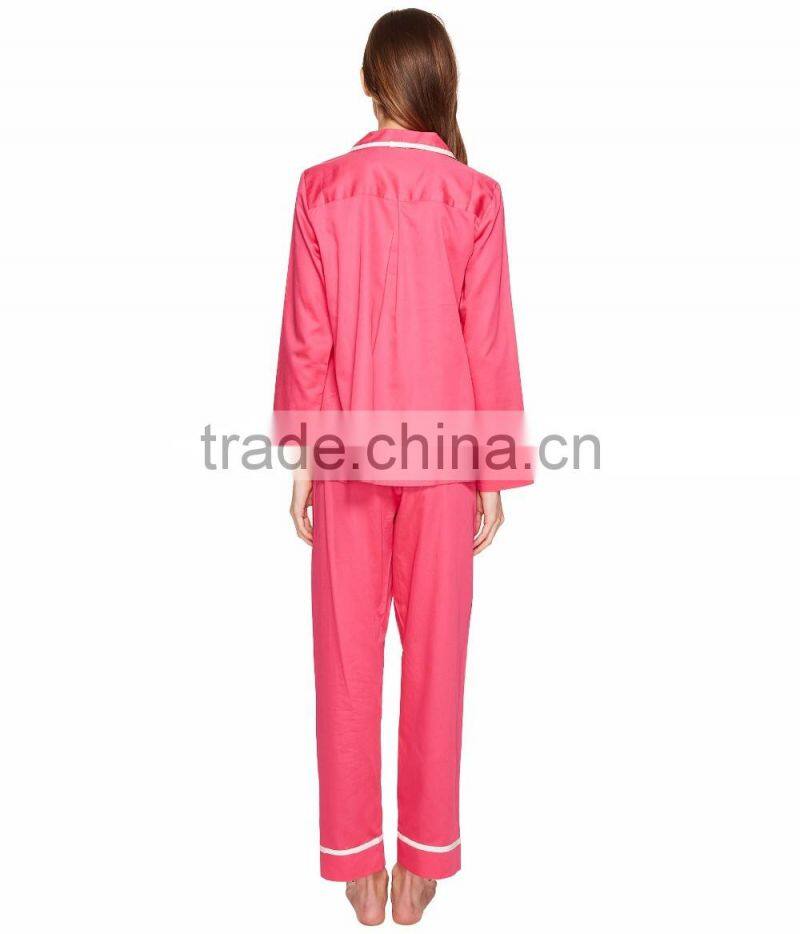 Contrast Piping Long Sleeves Pyjamas Set Notched Collar Left Chest Pocket Pink Silk Satin Sleepwear