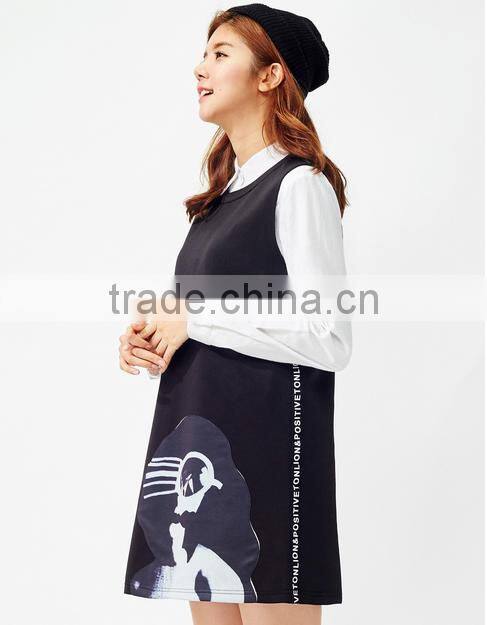 Women's black knitting small hem A printed sleeveless dresses