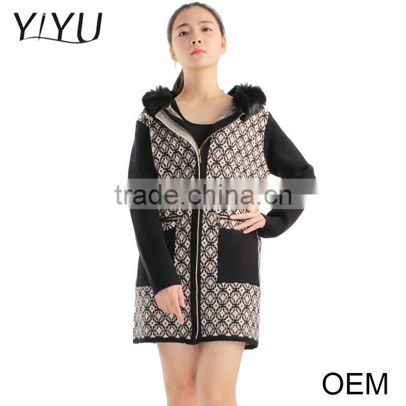 European fashion winter jacquard fur collar zipper women cardigan sweater