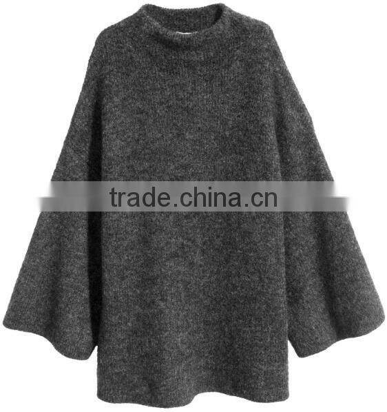 High Quality Long Bell Sleeves Crew Neck Ribbed Handmade Wool Knit Sweater for Women
