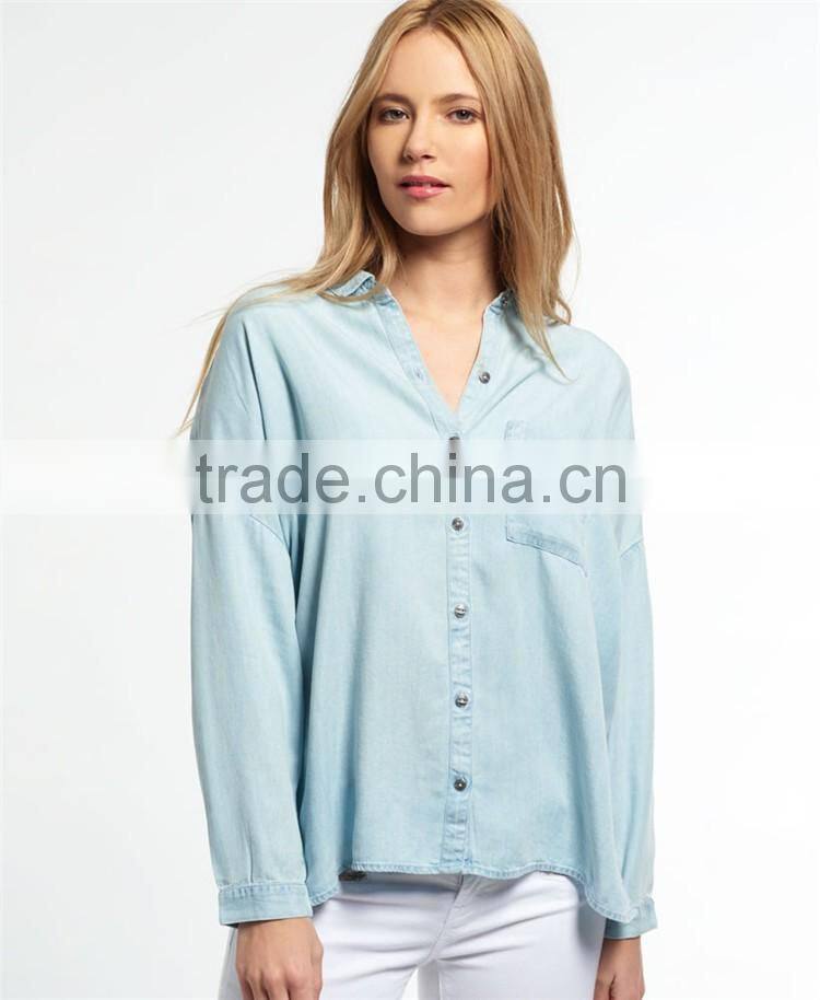 2017 China Manufacturer Shandao High Fashion New Casual Autumn Design Long Sleeve Button Opening Loose Blue Viscose Blouse