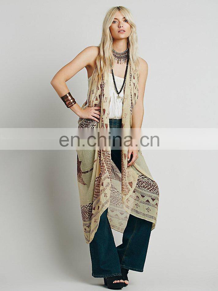 Maxi style printed sleeveless cardigan for woman