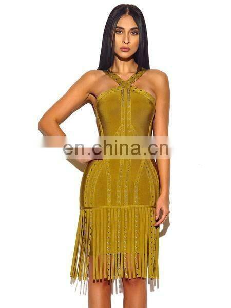 Amigo 2017 new style sexy cross strap tassel bandage dress midi eyelet beaded evening dresses for women club wear