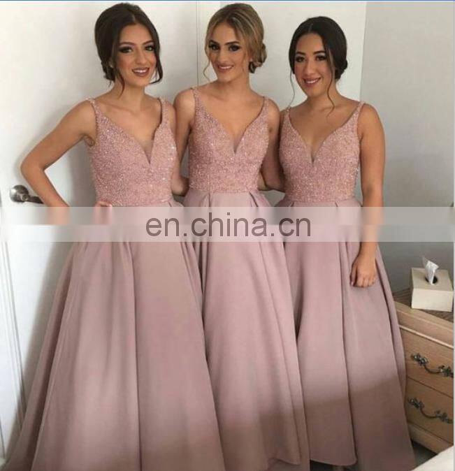 Elegant Deep V Neck Custom Made Satin Sleeveless Spaghetti Strap Backless Bridesmaid Dress