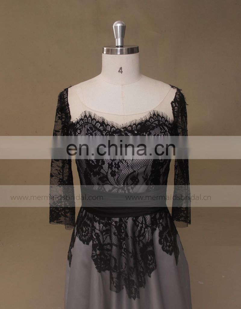 Black and gray lace mother of the bride evening dress long sleeve