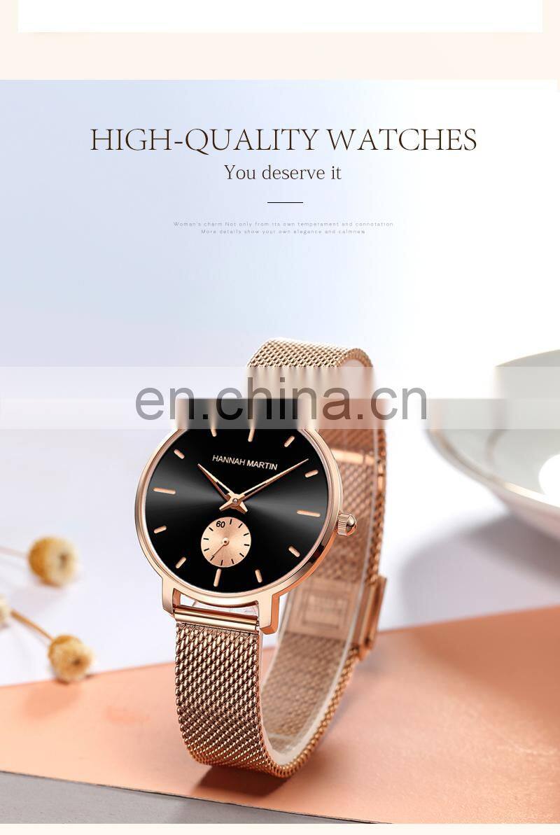 Hannah Martin 1335 Japanese Movement Luxury Ladies Watch Rose Gold Stainless Steel Mesh Belt Waterproof Quartz Wristwatches