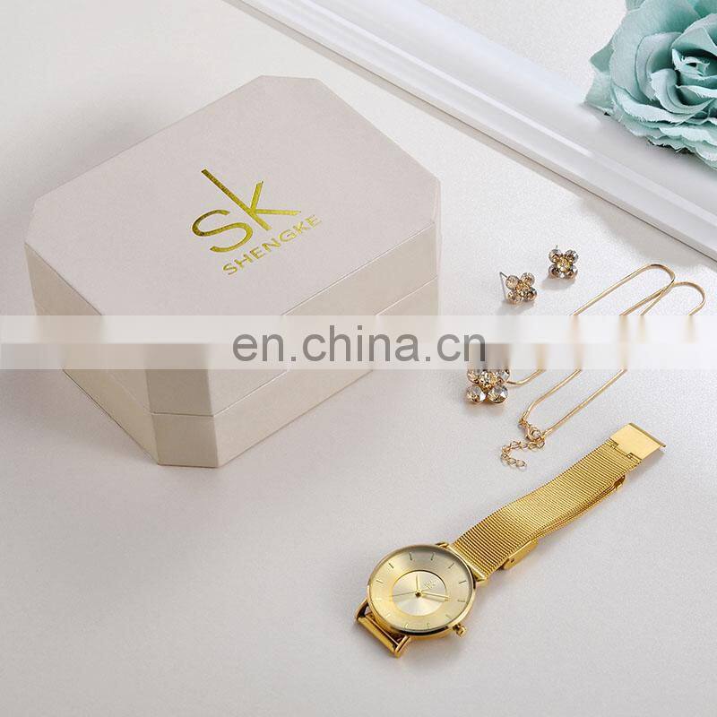 SHENGKE Bracelet Wrist Watch Set Golden Steel Mesh Band Watch Female Gift Box Set Gold Plated Watches & Bracelets&Bangles