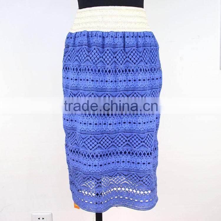 New design promotional soft latest fashion blue knit lace crochet lace skirt for women in stock