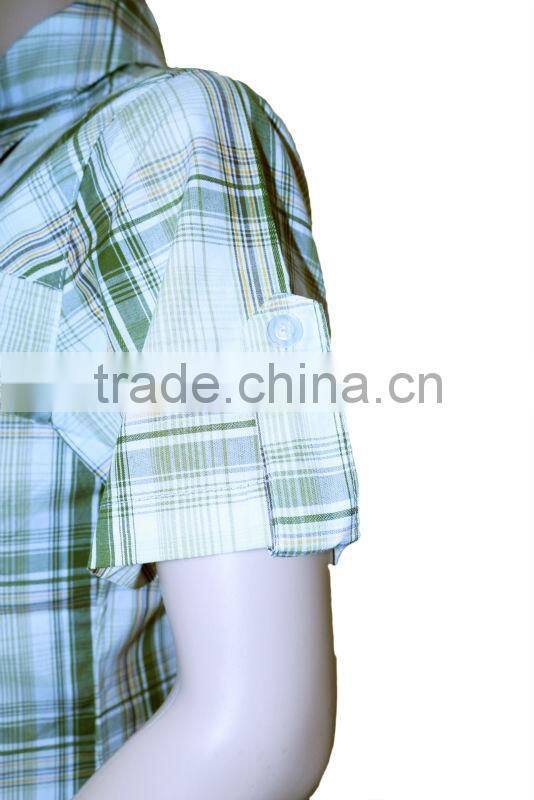 High quality women's short sleeve cotton plaid shirt made in China