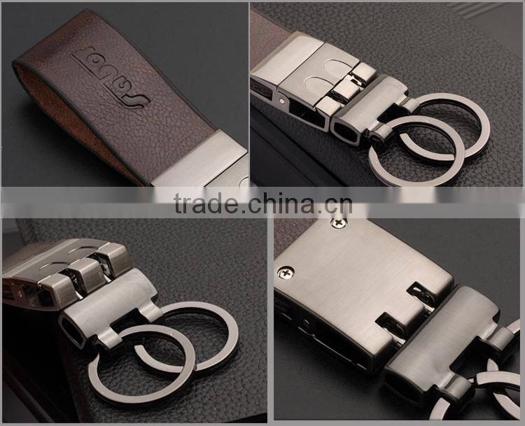 Blank Brown Leather Double Rings Keychain