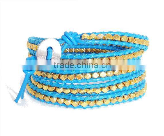 Blue Lapis Wrap Bracelet on Natural brown Leather with Silver tone nugget beads