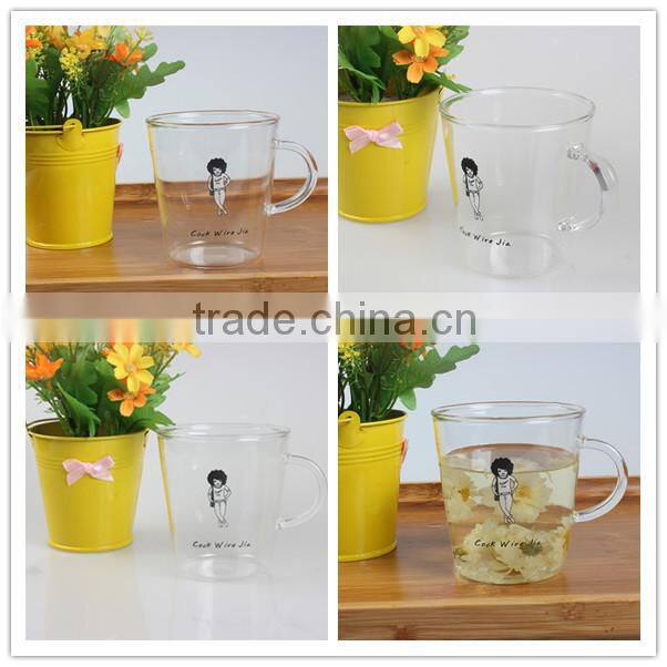 Coffee,Tea,Milk,Beverage Drinking Clear Cute Pattern Heat Resistant Pyrex Glass Tea Cup With Handle