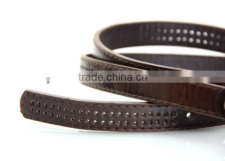 Beyond Women's 2.5cm Wide Perforated Real Leather Belt with Two Row Stitching and Oval Pin Buckle