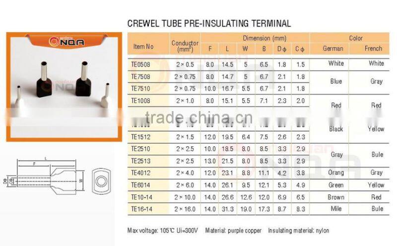 TE1008 TE Type Double Crimp Wire Lug Tube Naked Pre-insulated Terminal
