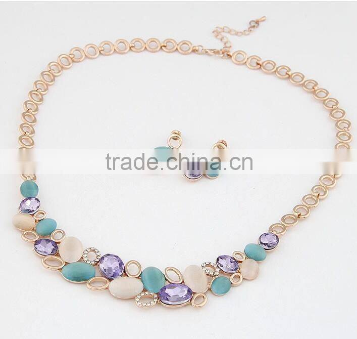 High Quality Crystal Jewelry Sets Opal Colorful Stone Hollow Circle Gold Plated Statement Chain Necklaces And Earring Sets